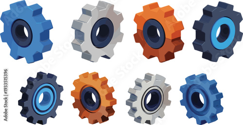 Set of colorful three dimensional industrial mechanical gears and cogs isolated on white background for engineering design projects