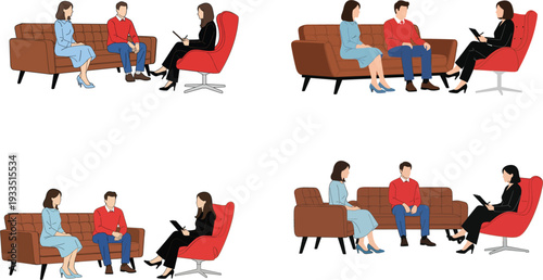 Set of four vector illustrations featuring a couple sitting on a sofa during a professional mental health counseling therapy session