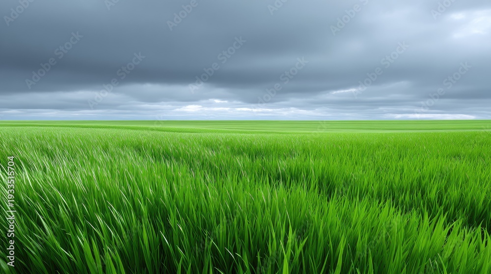 Fototapeta premium Lush Green Grass Field Under Dramatic Cloudy Sky with Rolling Hills and Vibrant Nature in Scenic Landscape View