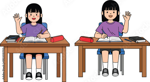 Two cute cartoon school girls sitting at desks writing in notebooks and waving isolated on white background
