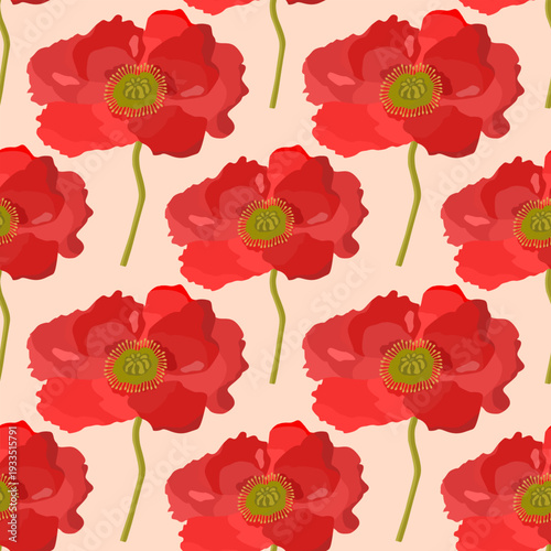 Seamless vector pattern with vibrant red poppies. Bold floral design symbolizing remembrance and passion, ideal for modern textiles, botanical branding, and wallpaper