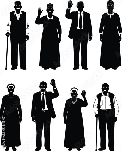 Vector set of senior citizen silhouettes featuring elderly men and women in formal attire isolated on white background