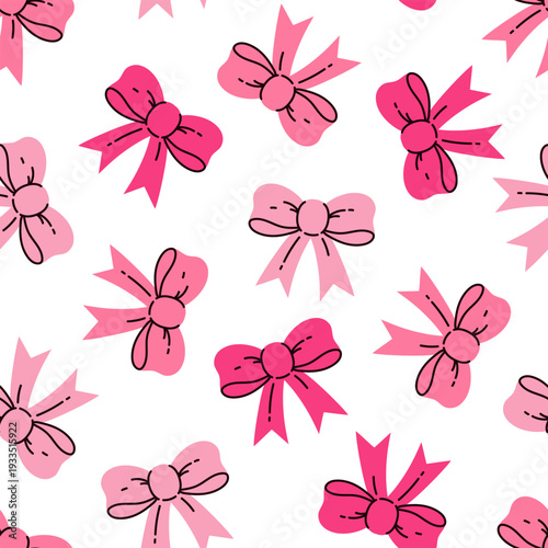 Cute pink bows seamless vector pattern. Elegant ribbons, colorful satin accessories. Decorations for girls. Hand drawn background for fabric, romantic cards, holiday packaging. Flat cartoon ornament