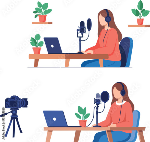 Young female content creator recording podcast or livestream with microphone and camera in cozy home studio flat vector illustration