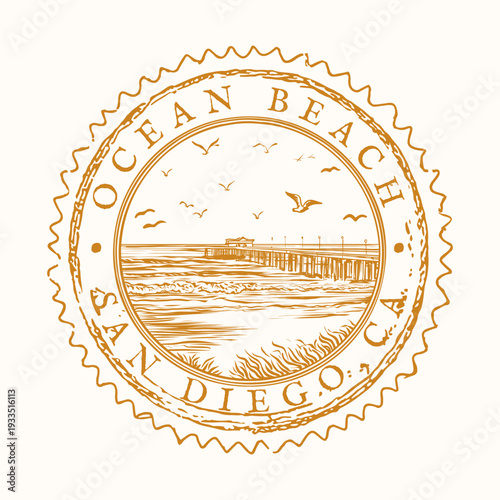 Vintage Ocean Beach San Diego badge featuring the iconic wooden pier and rugged sunset cliffs