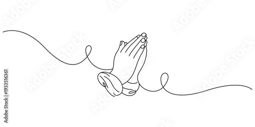 Continuous line art illustration of praying hands, minimalist design symbol representing faith, hope, and spirituality
