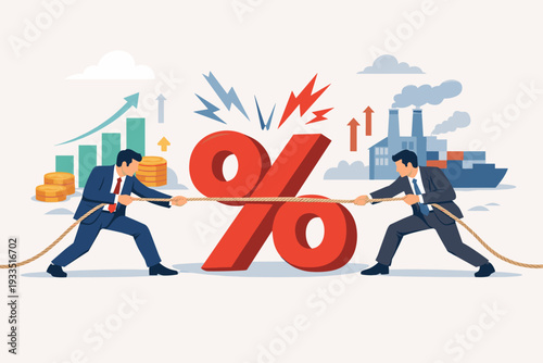 Businessmen engaged in a tug of war over a large red percentage sign, symbolizing market share competition, trade wars, interest rate conflicts, and economic struggle in global trade and industry.