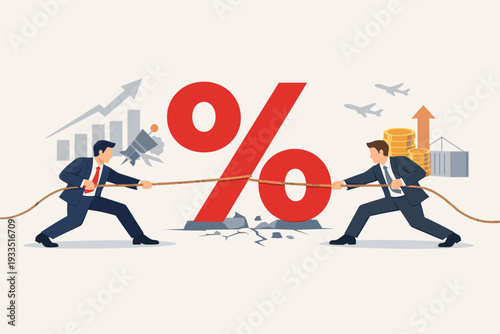 Two businessmen pulling a rope around a giant percentage sign in a tug of war, symbolizing market share competition, interest rate battles, trade wars, and financial investment conflicts.