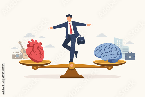 Businessman Balancing Between Brain and Heart on a Scale, Concept of Emotions vs Logic, Choosing Between Feelings and Mind, Work-Life Balance, Professional and Personal Life Decision Making