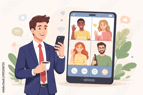 Businessman in Suit Holding Coffee and Smartphone Having a Virtual Video Call Party with Friends on a Large Mobile Screen, Remote Social Gathering and Online Meeting Vector Illustration.