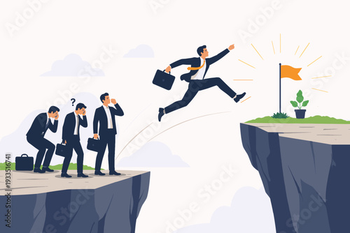 Successful Businessman Jumping Over a Cliff Gap to Reach a Goal Flag While Discouraged Colleagues Watch. Concept of Leadership, Risk-Taking, Ambition, Career Growth, and Overcoming Obstacles.
