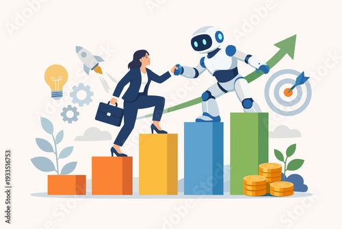 Concept of artificial intelligence supporting business growth and success with a robot helping a businesswoman climb a bar chart towards a target, rocket, and lightbulb for innovation and progress.