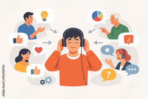 Vector Illustration of Active Listening and Effective Communication. A Man with Headphones Openly Receiving Feedback, Ideas, Data, and Support from a Diverse Group for Better Collaboration.