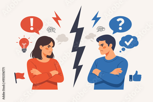 Couple Conflict and Disagreement Concept Vector Illustration with Man and Woman Arguing, Having Different Opinions, Angry Emotions, Relationship Problems, Misunderstanding, and Communication Gap.