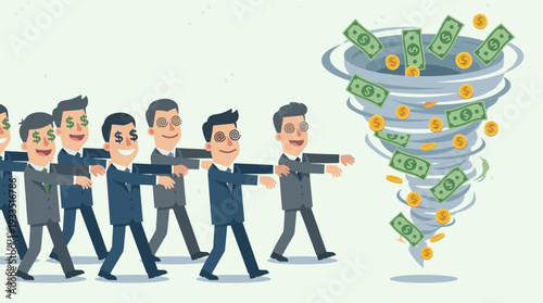 Group of Hypnotized Businessmen Walking Like Zombies Towards a Money Tornado with Dollar Signs and Spirals in Their Eyes, Concept of Greed, Financial Obsession, and Wealth Attraction Vector