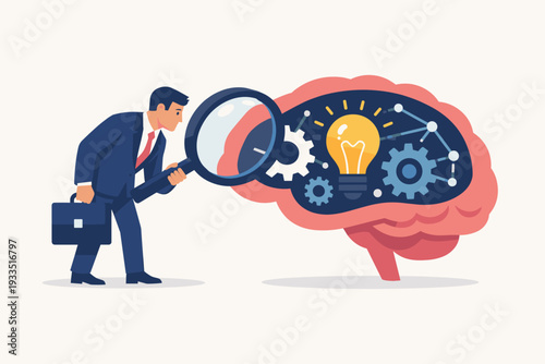 Businessman with Magnifying Glass Looking Inside Human Brain with Light Bulb and Gears. Concept of Idea Research, Business Intelligence, Innovation, Psychology, and Creative Problem Solving.