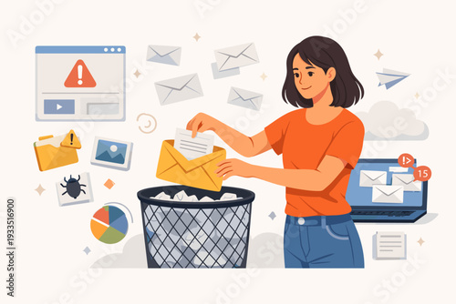 Woman Deleting Digital Data and Moving Unnecessary Files to Trash Bin, Cleaning Digital Memory, Clearing Email Inbox, Managing Storage Space, Cybersecurity Concept, Organizing Digital Life Vector