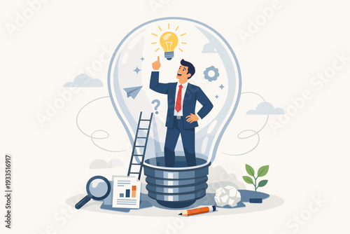 Businessman standing inside a giant lightbulb pointing at a glowing idea bulb. Concept of creativity, innovation, business strategy, and finding solutions with ladder, magnifying glass, and data.
