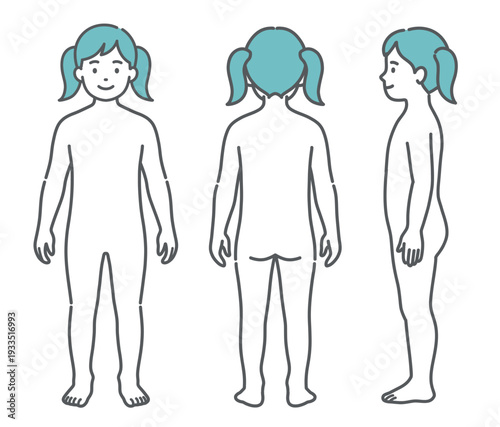 女の子（子供）の人体図・全身モデルのイラストセット（正面・背面・側面）