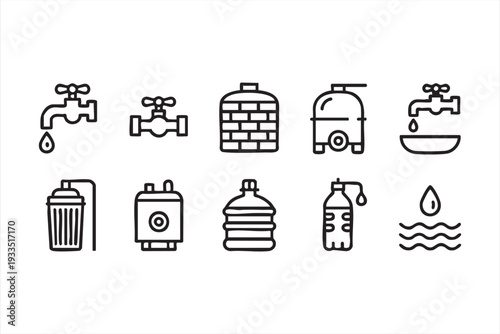 Water Supply and Plumbing Line Icons for Sanitation and Utility Systems
