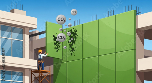 Man installing green wall on building with co2 absorption technology for sustainable architecture
