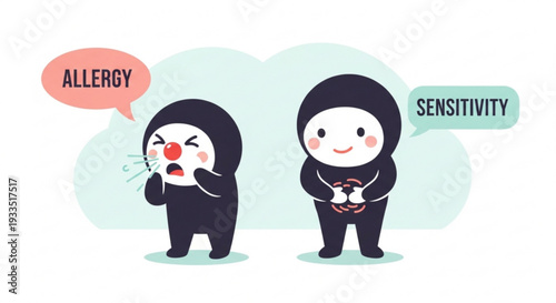 Cute cartoon characters illustrating allergy and sensitivity reactions in a simple style