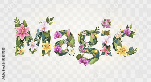 Vibrant floral typography spelling 'mystic' with colorful flowers and leaves on transparent background
