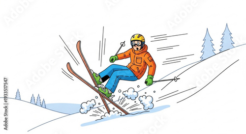 Skier in orange jacket skiing down snowy slope with trees