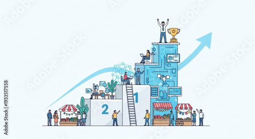 Business people climbing up a growing graph with success teamwork and progress in a modern office setting with a blue color scheme and white