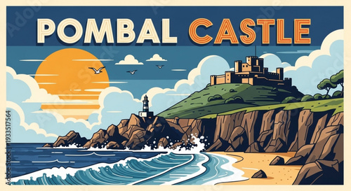 Pombal castle on a cliff by the sea at sunset with lighthouse and waves