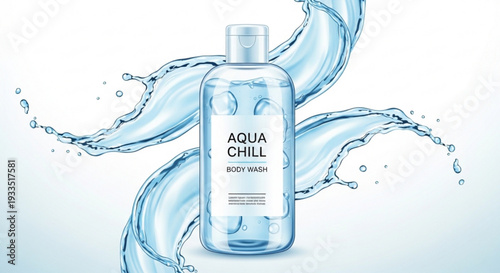 Refreshing blue body wash bottle with water splash on white background for skincare routine