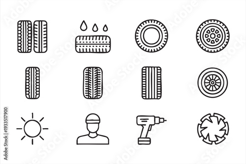 Automotive Wheel and Tire Repair Icon Set for Mechanic Workshops