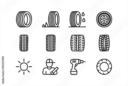 Car Maintenance and Tire Service Outline Icons in Minimal Style