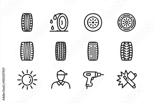 Auto Workshop Line Icons with Wheel, Tools, and Maintenance Symbols