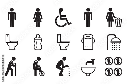 Bathroom Hygiene and Wheelchair Access Line Icons for Facility Design