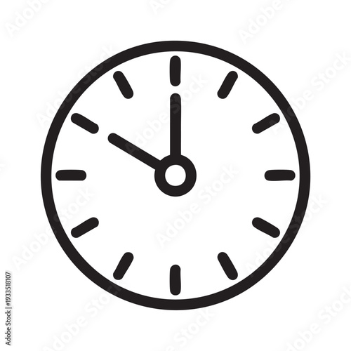 A simple black and white illustration of a clock face showing a specific time from a straightforward viewpoint.