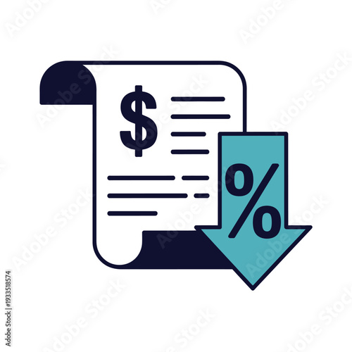 A document with a dollar sign and a percentage symbol with a downward arrow indicating a decrease.