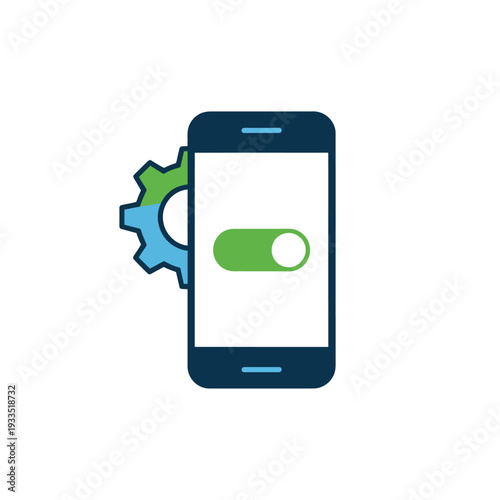 A smartphone displays an on/off toggle switch next to a cogwheel icon.