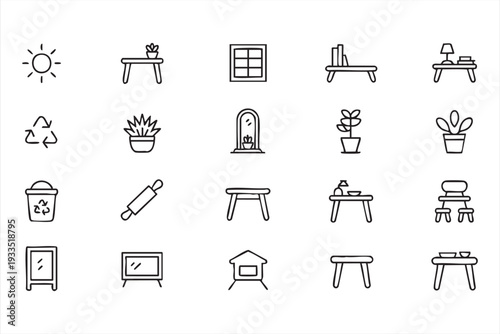 Home Interior Symbol Set with Tables, Plants, and Decor Objects