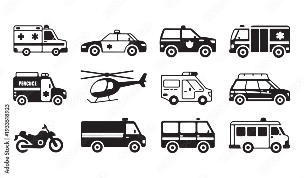 Fototapeta premium Emergency services vehicles icon set ambulance police car rescue helicopter fire truck vector silhouette