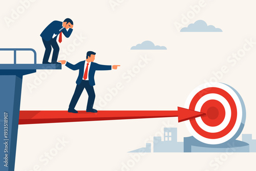 Professional Business Mentorship and Leadership Concept with Anxious Employee on High Platform and Confident Manager Guiding Him Towards Target Goal on Red Arrow Vector Illustration