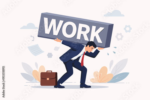 Businessman in a suit carrying a heavy stone block with the word WORK on his back, representing job pressure, career burden, hard work, stress, and professional responsibility. Flat vector style.