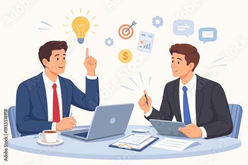 Two professional businessmen in suits collaborating on a new project, sharing innovative ideas and strategies at a meeting table with a laptop, tablet, and floating business icons for success.