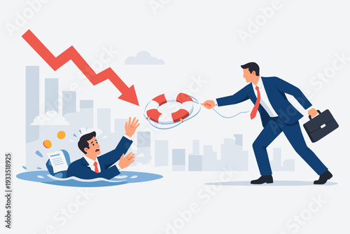 Business support and financial rescue concept with a businessman throwing a lifebuoy to save a drowning colleague during an economic crisis with a falling stock market arrow and bar chart.