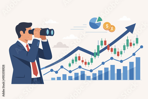 Businessman in Suit Holding Binoculars Looking at Financial Charts and Stock Market Data for Future Investment Opportunities, Business Vision, Success, Growth Strategy, and Market Analysis.