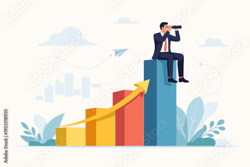 Visionary businessman sitting on top of a rising bar chart looking through binoculars for future growth and success. Concept of business strategy, market analysis, leadership, and planning.