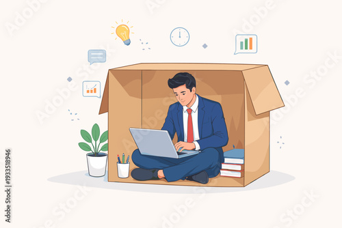 Businessman in a suit sitting inside a cardboard box working on a laptop with floating icons for ideas, time, and data analytics. Concept of remote work, small office space, and focused startup.