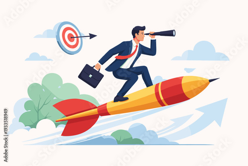 Visionary Businessman Riding a Giant Rocket Dart Towards a Target While Looking Through a Telescope, Concept for Business Strategy, Growth, Opportunity, Success, Leadership, and Future Career Goals.