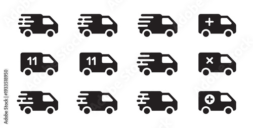 Delivery vans icon set quick shipping fast service logistics transport truck vector silhouette