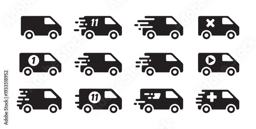 Set of black delivery vans for different purposes like transport shipping medical and more